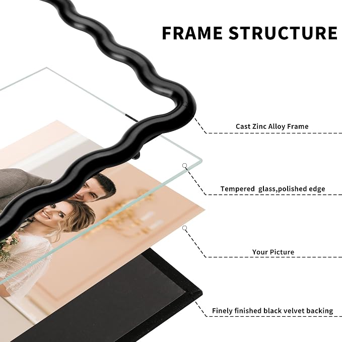 5x7'' Black Heavy Duty Photo Frame, Unique Wave Design High-End Zinc Alloy - Image 3