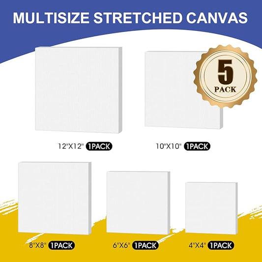 FUMILE Stretched Canvas for Painting Multi 5 Pack Square Canvas 4x4,6x6,8x8,10x10,12x12(1 of Each), Cotton Primed Acid Free Blank Canvases for Oil Paint, Acrylic Paint, Gouache and Tempera.