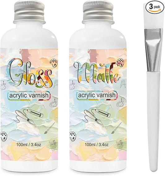 Gloss Varnish for Acrylic Painting, 2 x 100ml Clear Acrylic Varnish Keeps Paintings from Yellowing, Cracking, Maintains Permanent Color (Gloss + Matte)