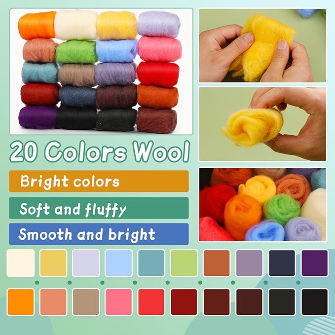 Mayboos Needle Felting Kit, Wool Roving 20 Colors Set, Wool Felting Kit Felt - Image 2