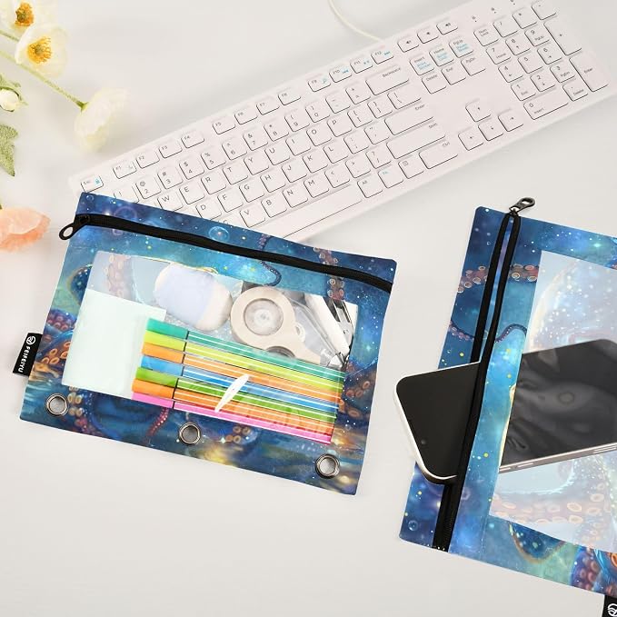 Octopus Galaxy Pencil Pouch for 3 Ring Binder, 2 Pack Waterproof Pencil Bags - Image 5