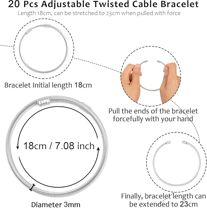20 Pieces Twisted Cable Wire Bracelet Stylish Fine Stainless Steel Open Cuff - Image 2