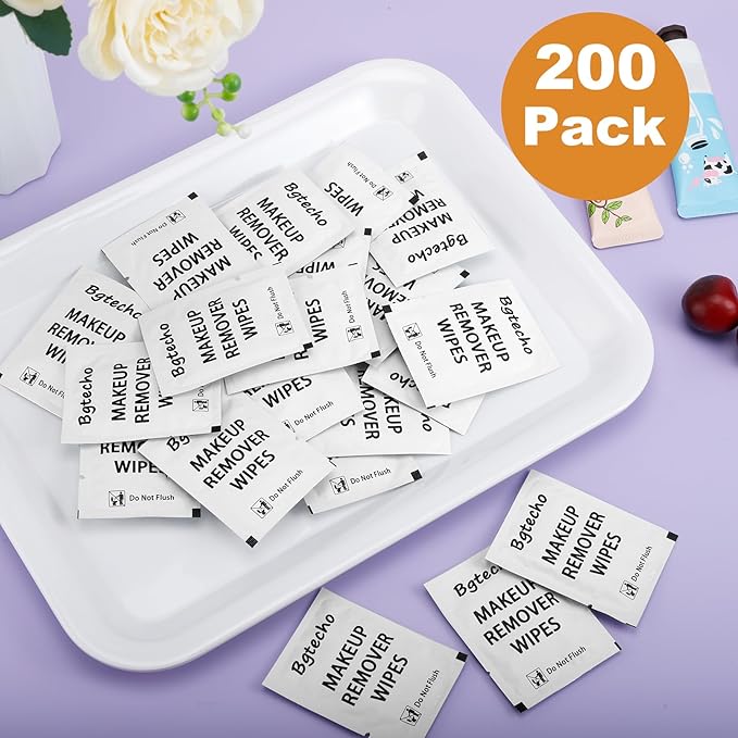 200 Pack Makeup Remover Wipe Bulk, Individually Wrapped Makeup Remover Wipes, Alcohol Free Facial Cleansing Wipes, Makeup Wipe with Vitamin E, Gentle Face Wipes for Travel Hotel(White)