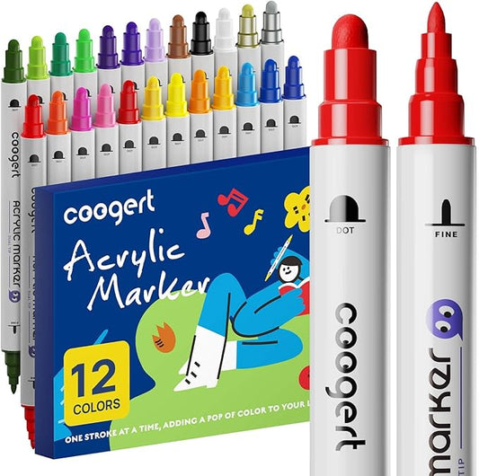 12 Colors Dual Tip Acrylic Paint Markers,Fine Tip and Dot Tip Acrylic Paint Pens For Rock Painting, Canvas, Wood, Glass, Ceramic, Fabric, Plastic, Egg, Art Painting Supplies Kit