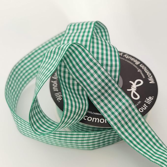 Green and White Woven Edge Plaid Ribbon 100% Polyester Gingham Ribbon 25 Yards Each Roll (1",Green)