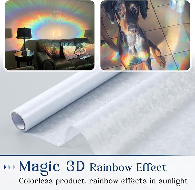 Haton Window Privacy Film, Rainbow Stained Glass Window Clings, 3D Decorative UV Sun Blocking Sticker, Removable Static Cling Heat Control Tint for Home Door, 23.6" x 78.7" Non-Adhesive