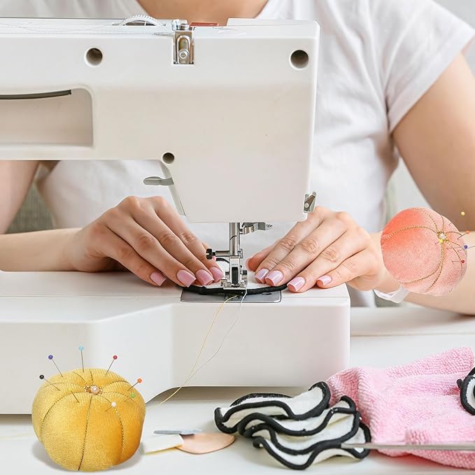 HARFINGTON Wrist Pin Cushion Wristband Sewing Pincushion Polyester Pin Holder Wearable Pumpkin Shaped Needles Wristband for Sewing Quilting Needlework DIY Crafts, Pink