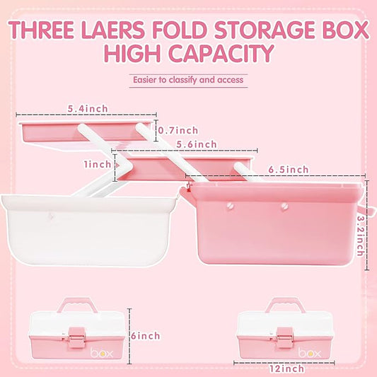 12in Three-Layer Multipurpose Storage Box Organizer Folding Tool Box/Art & Crafts Case/Sewing Supplies Organizer/Medicine Box/Family First Aid Box with 2 Trays (White Pink)
