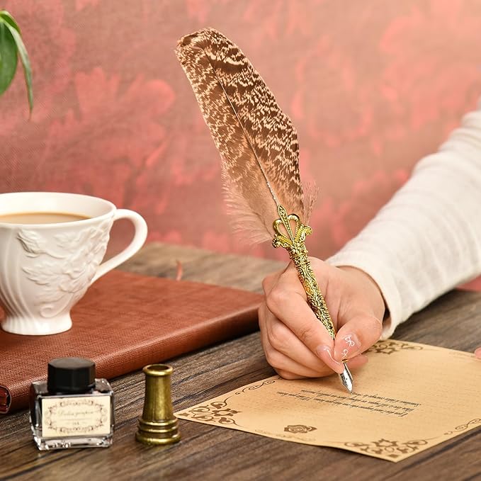 Hethrone Quill Pen Ink Set - Calligraphy Pen Ink Set Includes Feather Pen with Ink, Pen Holder and 5 Replacement Nibs Holiday Ideal Gifts (Brown)