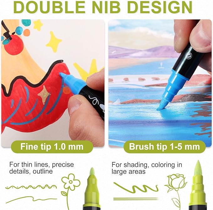 120 Colors Acrylic Paint Markers, Waterproof Dual Tip Acrylic Paint Pens with Brush and Fine Tip, Markers Set for Paper, Rock, Wood, Canvas, Glass, Ceramic and DIY Crafts Making Art Supplies