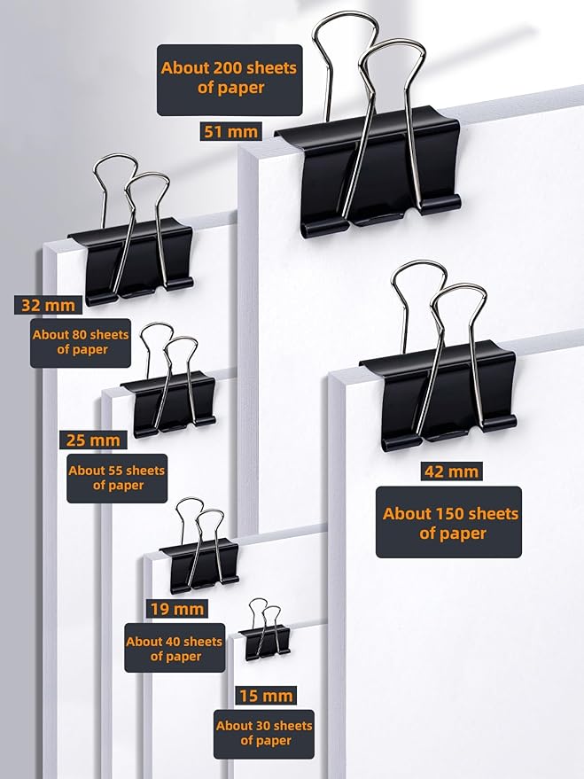 110 PCS Binder Clips, Assorted Sizes, (51mm,42mm,32mm,25mm,19mm,15mm), Binder Clips Paper Clamps for Office, Home, School, Document Organizing