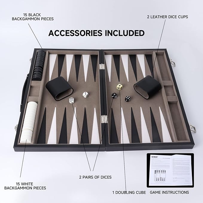 GSE Games & Sports Expert Premium Leather Backgammon Board Game Set, Classic Backgammon Game Set with Leather Case, Travel Folding Board Game (Black&Grey, Large)