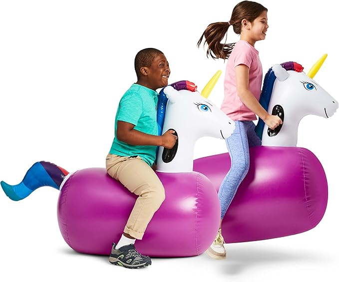 Hearthsong Hop N Go Inflatable Unicorn Riding Bouncy Hopping Toys for Kids Ages 5+ - Ride On Bouncer Animal Hopper Jumping Toys for Outdoor Games (2 Pack)