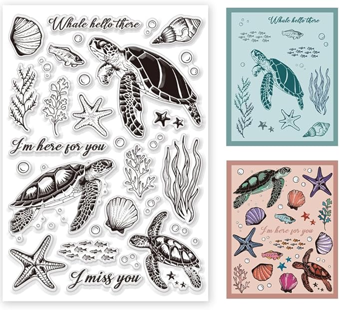 11.7 x 8.3 inch Sea Turtle Clear Stamps for Card Making Marine Organism Rubber Stamps Background Stamps for Card Making Holiday DIY Handmade Decoration Scrapbooking journaling Stamps