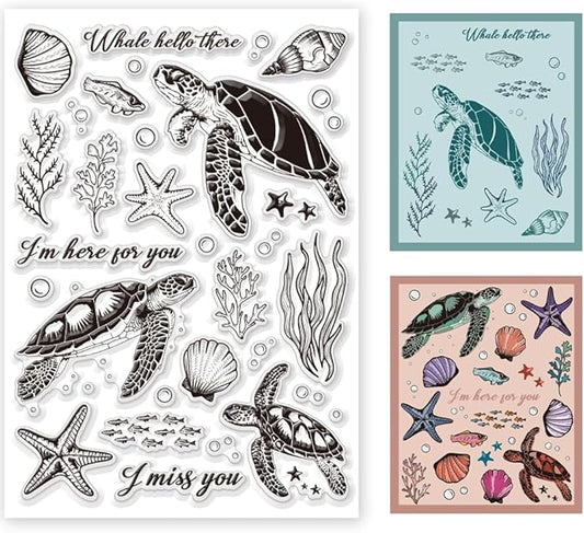 11.7 x 8.3 inch Sea Turtle Clear Stamps for Card Making Marine Organism Rubber Stamps Background Stamps for Card Making Holiday DIY Handmade Decoration Scrapbooking journaling Stamps