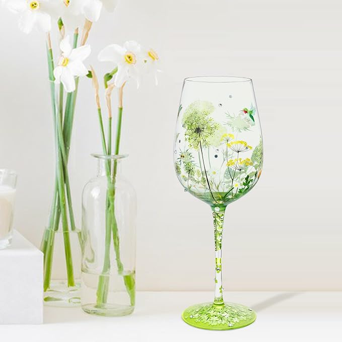 NymphFable Colorful Wine Glass Flower Bird Gragonfly Artisan Painted 15oz - Image 7
