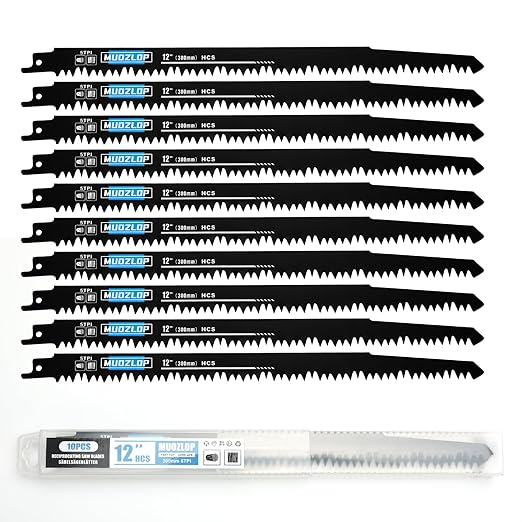 10 Pack 12 inch Reciprocating Saw Blades Set,5 TPI High Carbon Saw Blades,Woodcutting Saw Blades with Organizer Case (10, 5TPI/300mm)