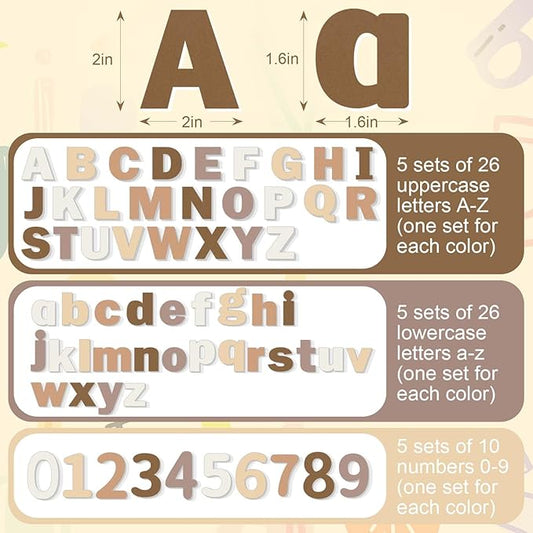 Breling 310 Pieces Felt Bulletin Board Letters Sticker with Number, 2" Bulk Self Adhesive ABC Upper Lowercase Sticky Letter for Christmas Gift Poster Bulletin Board Classroom(Brown Color)