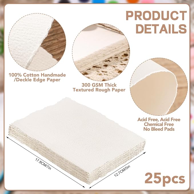 25 Sheets Watercolor Paper 5 x 7 in, 300 GSM Deckled Edge Handmade Paper | - Image 2