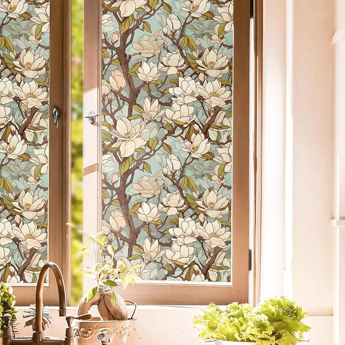 White Magnolia Floral Tree Light Blule Window Films Decorative Double-Side by Unknown