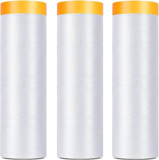 3 Pack Tape and Drape, 5x65.6 Ft Pre-Taped Masking Film for Auto Painting Covering, Plastic Pre-Adhesived Dust Paint Protective Drop Film for Furniture, Car, Floor