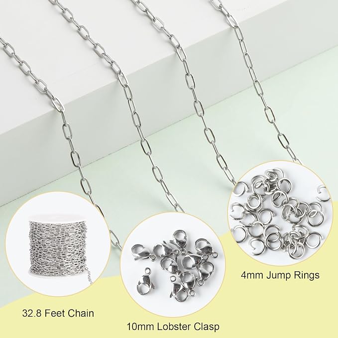 SMYHTGLIF 32.8 Feet Silver Cable Paperclip Jewelry Making Chains Stainless - Image 2