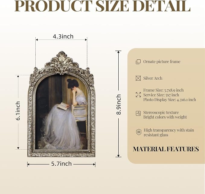 Cuspin Vintage Silver Picture Frame 5x7, Ornate Resin Arched Photo Frame - Image 6