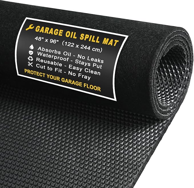 Golener Oil Spill Mat - Garage Floor Mat, Absorbent Oil Pad, Premium Maintenance Mat, Waterproof, Contain Liquid, Protect Garage Surface from Spill & Stain, Reusable, Washable, Durable, Black, 48”x96”