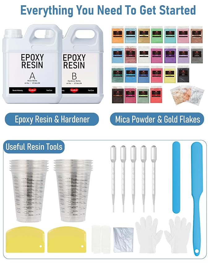 1 Gallon Epoxy Resin Kit with 24 Colors Mica Powder, Gold Foil, Cups & Stick, Crystal Clear Resin Beginner Supplies for Coating Casting Table, Molds, Jewelry Making, DIY Art Craft, 1:1 Ratio