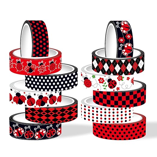 12 Rolls Insect Washi Tape, Seven Star Ladybug Masking Tape, Red Black Spots Decorative Tape for Journaling, Scrapbooking, DIY Crafts, Planner, Gift Wrapping, 16.4FT