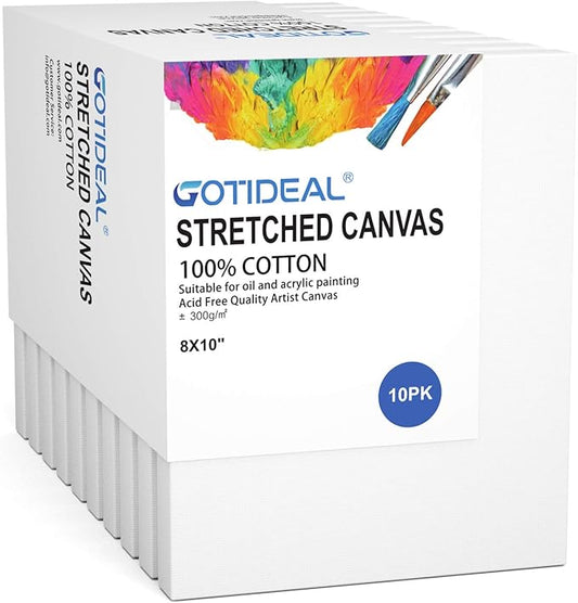 GOTIDEAL Stretched Canvas, 8x10 Inch Set of 10, Primed White - 100% Cotton Artist Canvas Boards for Painting, Acrylic Pouring, Oil Paint Dry & Wet Art Media