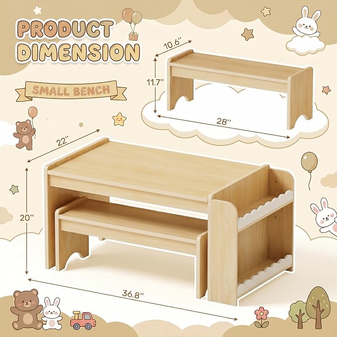 Kids Table and Bench Set, Montessori Kids Table and Chair Set, Indoor Wooden - Image 8