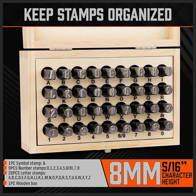 HORUSDY 36-Piece Number and Letter Stamp Set 5/16 (8mm) (A-Z) Punch Perfect for Imprinting Metal Stamping kit, Plastic, Wood, Leather