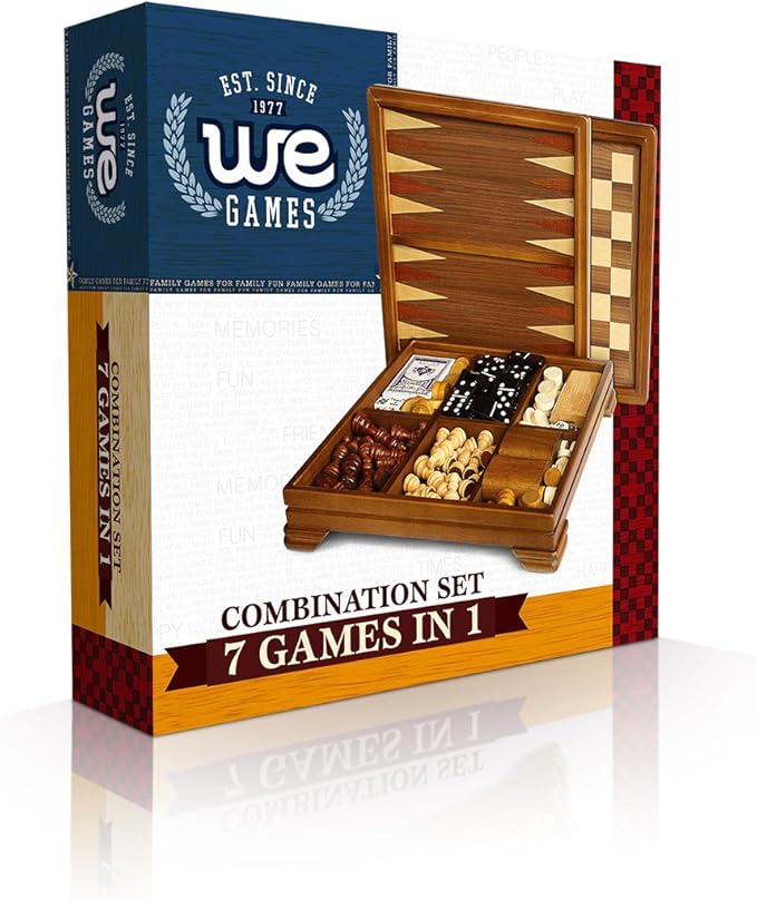 WE Games Walnut 7-Games-in-1 Combination Game Set - Includes Chess, Checkers, Backgammon, Dominoes, Cribbage, Poker, Dice and Cards