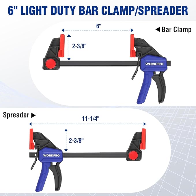 WORKPRO 6" Bar Clamps for Woodworking, One-Handed Clamp/Spreader, Light Duty - Image 2