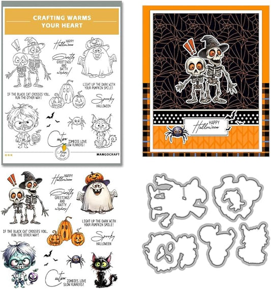Halloween Clear Silicone stampReusable Stamp with Pumpkins, Skulls, Bats, Santa Claus, and Holiday Designs. Used for Making Cards, scrapbooks, and DIY templates (Halloween Skeleton)