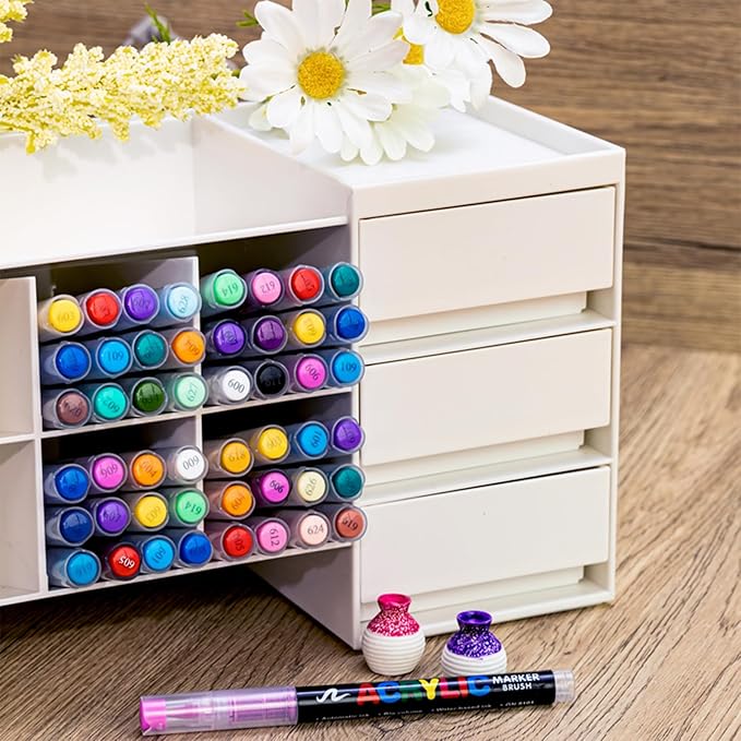 Guangna Acrylic Paint Markers,60 Colors with Direct-Liquid Ink Control System, Professional-Grade Paint Pen for Rock Painting, Canvas, Glass, Plastic, Fabric & Creative Crafts