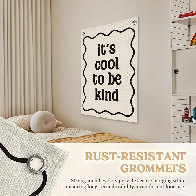 Affirmation Wall Decor It's Cool to be Kind Linen Canvas Banner,Nursery Decor Wall Hanging Flag for Bedroom Playroom Classroom Kids Rroom 18x25 Inch