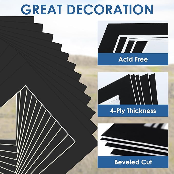 18 Pack Picture Mats, 8x10 for 6x8 Picture Frame Mats, Acid Free Core Bevel Cut Picture Frame Mattes for Photos Artworks Prints (Black)