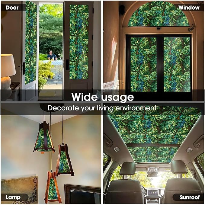 Green Leaf Forest Tree Blue Stained Glass Window Films Decorative Double-Side - Image 5