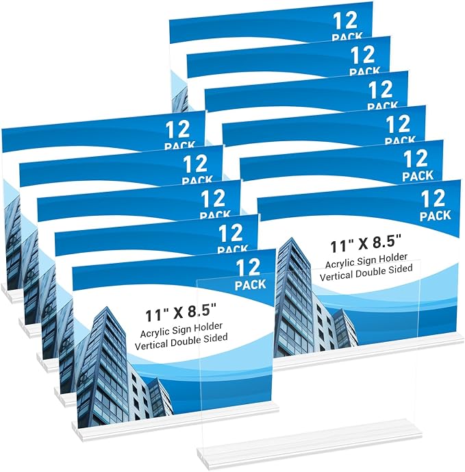 12 Pack Acrylic Sign Holder 11 x 8.5 Horizontal, Double-Sided Clear Sign Holder by DECOHOBO