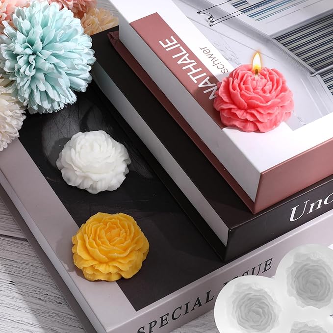 3 Cavity Peony Candle Molds, Silicone Flower Molds for Candles Crafts Casting, 3D Round Candle Making Soap Molds for Epoxy Resin Wax, DIY Handmade Gifts Clay Pop Flower Silicone Mold Home Decoration