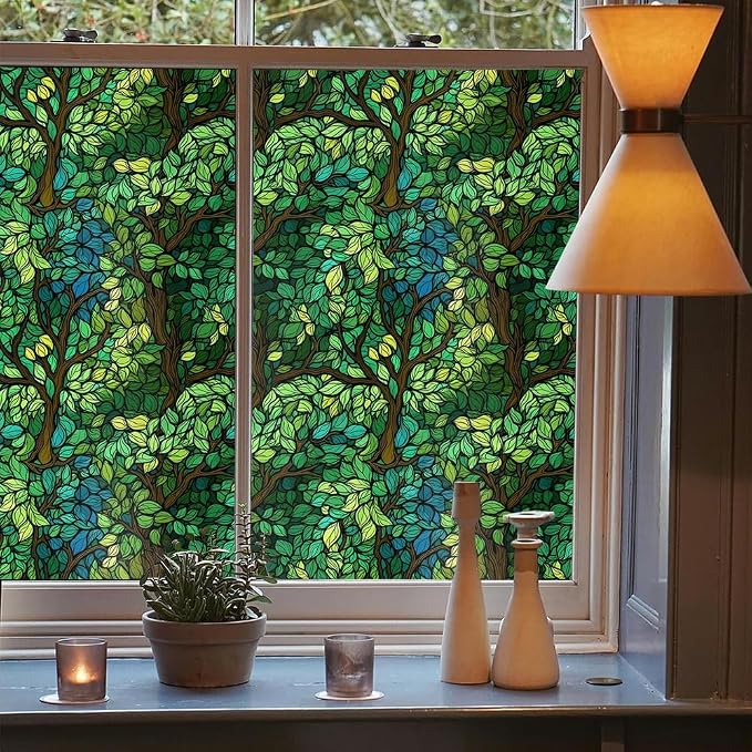 Green Leaf Forest Tree Blue Stained Glass Window Films Decorative Double-Side - Image 3