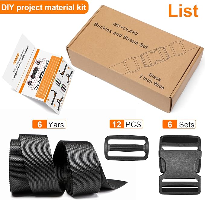 2" Heavy-Duty Buckle & Straps Set: 6-Pack Side Release Plastic Buckles, 6 Yards of Thick Nylon Webbing, 12 Tri-Glide Slide Clips, No Sewing Required (2" Combo Set)