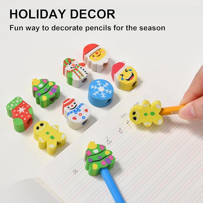 HILAZA 42Pcs Christmas Pencil Top Erasers for Kids Bulk, Cute Eraser Toppers Pencil Cap Erasers for Stocking Stuffers Goodie Bags Stuffers Holiday Party Favors