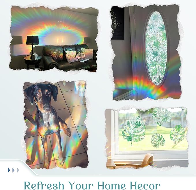 Haton Window Privacy Film, Decorative Stained Glass Window Clings, 3D UV Sun Blocking Sticker, Removable Static Cling Heat Control Tint for Home Door, Leaf Rainbow, 35.4" x 157.4" Non-Adhesive