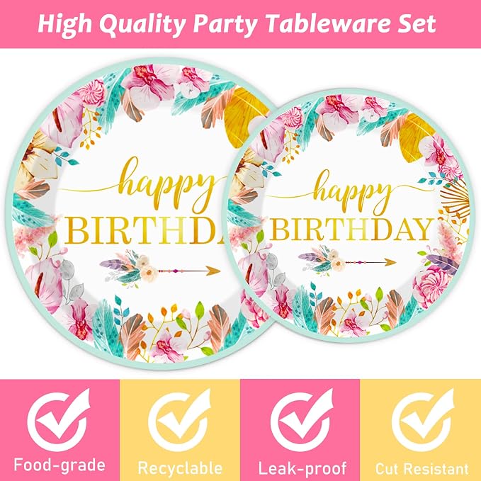 Tevxj 96 Pieces Happy Birthday Party Plates Napkins Boho Decorations Gold - Image 4