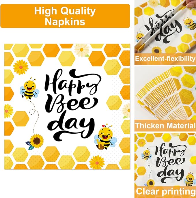 Qyeahkj 100 Pcs Bee 1st Birthday Party Supplies Paper Plates and Napkins Set - Image 3