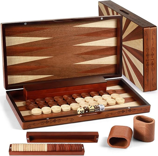 Wooden Folding Backgammon Set - Large 15.75" (40cm), Handcrafted Exquisite Design, Perfect for Adults & Kids, Ideal for Backgammon Enthusiasts