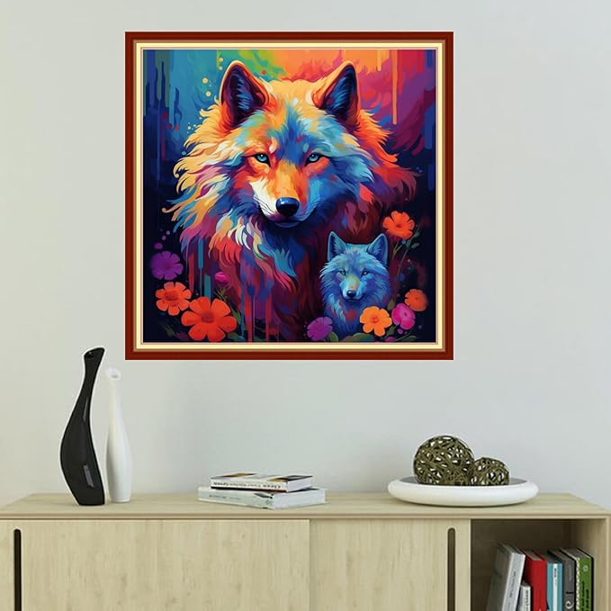 Foxhool Beginners Cross Stitch Kits Stamped Full Range of Embroidery Kits for Adults DIY Cross Stitches kit Embroidery Patterns for Needlepoint kit-Rainbow Wolf 18x18 inch